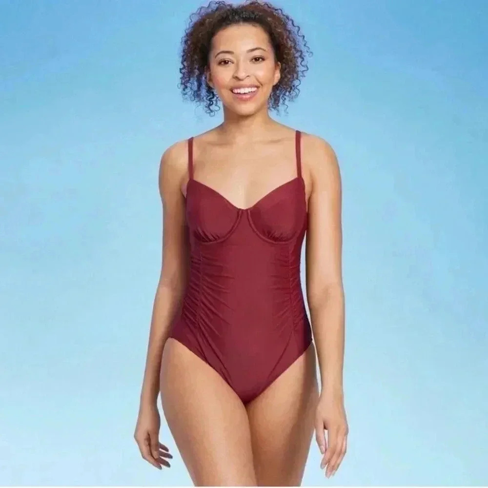 Shade & Shore Women's Underwire Balconette One Piece Swimsuit, Burgundy XS NWT